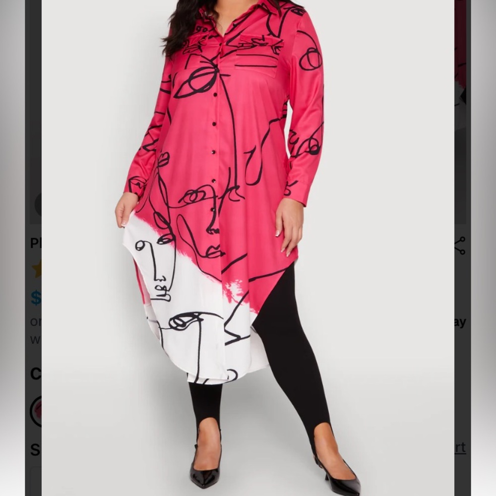 Graphic Art Pink and White Button-Up Tunic - NWOT, size L